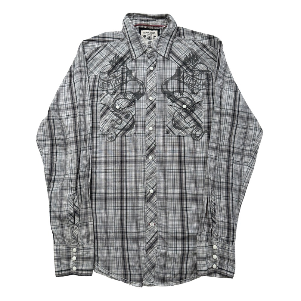 Y2K Guess Shirt Men's Medium Gray Plaid Pearl Snap Long Sleeve Classic Vintage